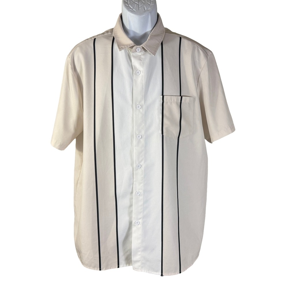 Hardaddy Button Down Shirt Mens Large Cream White Vertical Stripe Short Sleeve